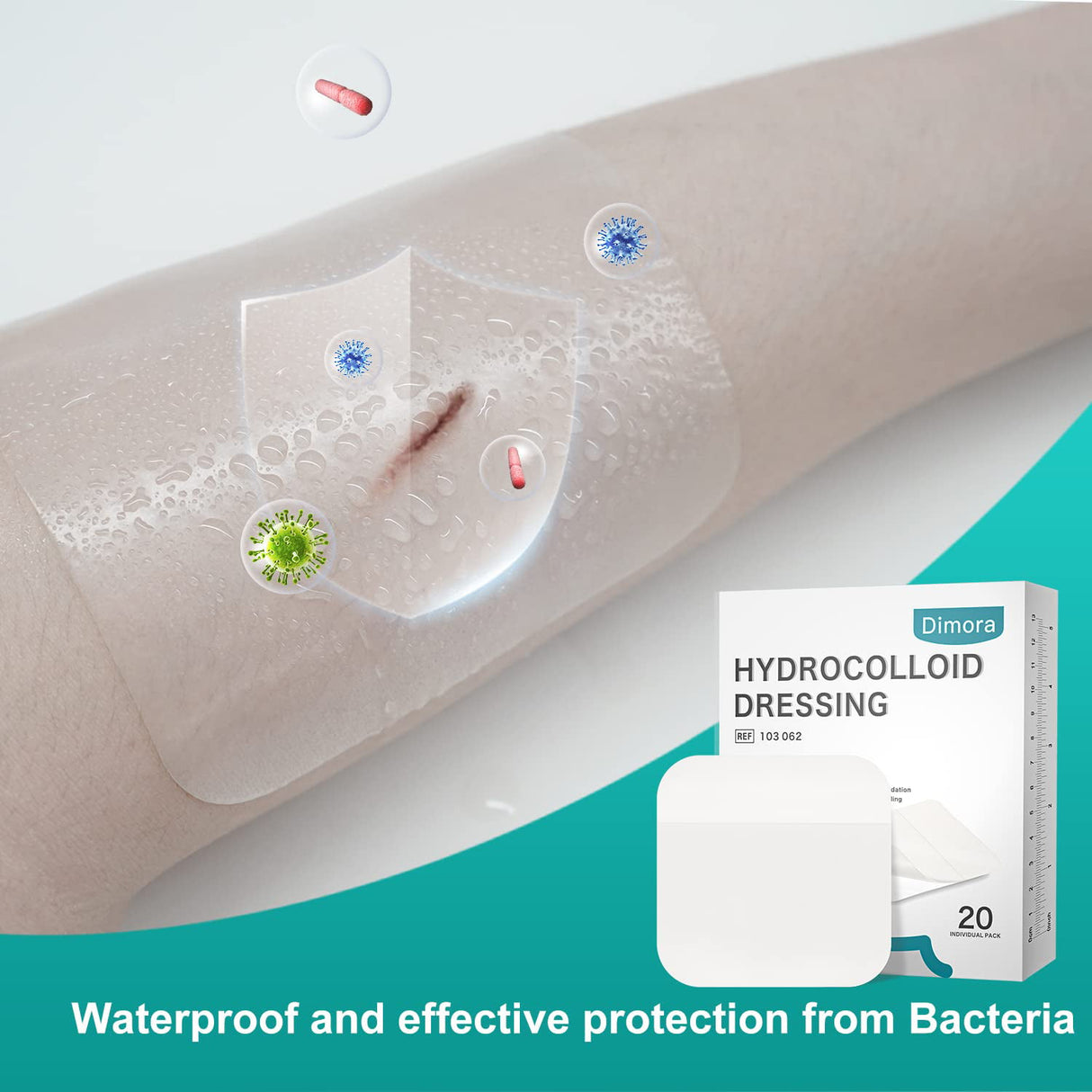 Dimora Hydrocolloid Wound Dressing, 20 Pack Ultra Thin 4" x 4" Large Patch Bandages with Self-Adhesive
