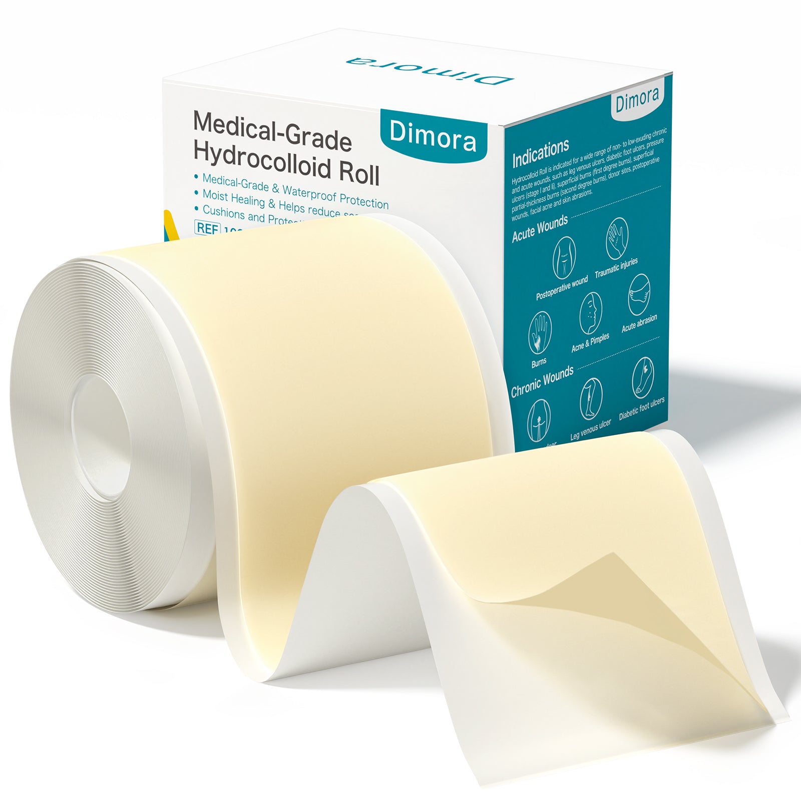 Dimora Medical Grade Hydrocolloid Roll (2in*16ft), Highly Absorbent Hydrocolloid Bandages for Wound Care, Burn, Blister, Acne Care, Waterproof & Cut to Size