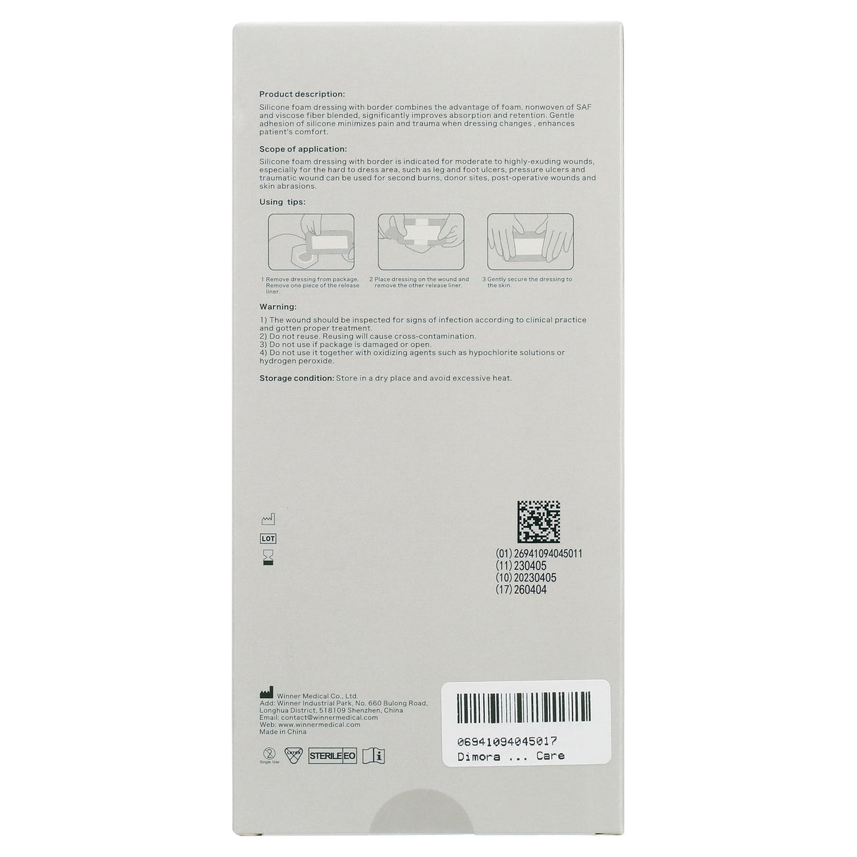 Dimora Silicone Foam Dressing with Border Adhesive Waterproof Wound Dressing 2"x5" Pack of 5 for Wound Care