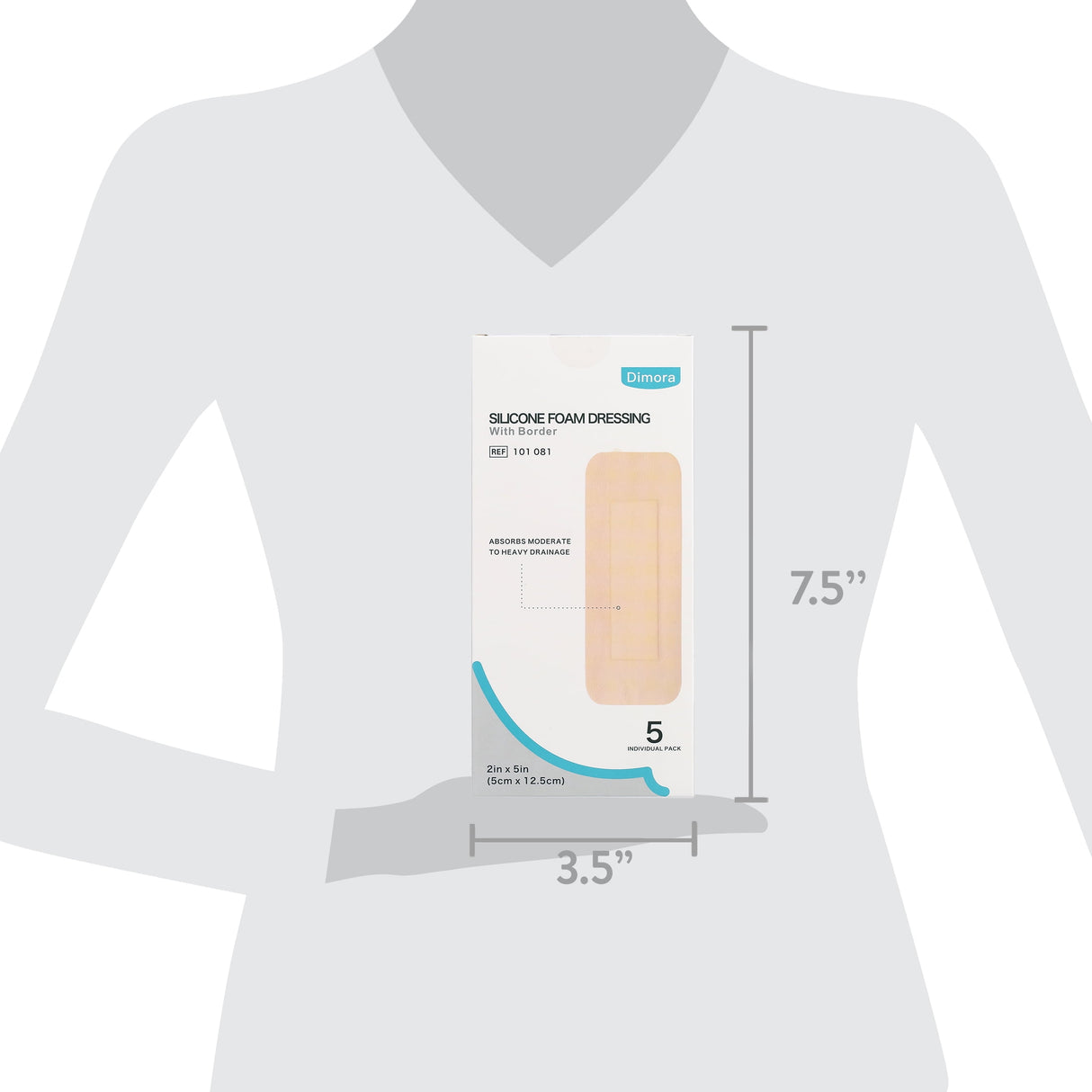 Dimora Silicone Foam Dressing with Border Adhesive Waterproof Wound Dressing 2"x5" Pack of 5 for Wound Care