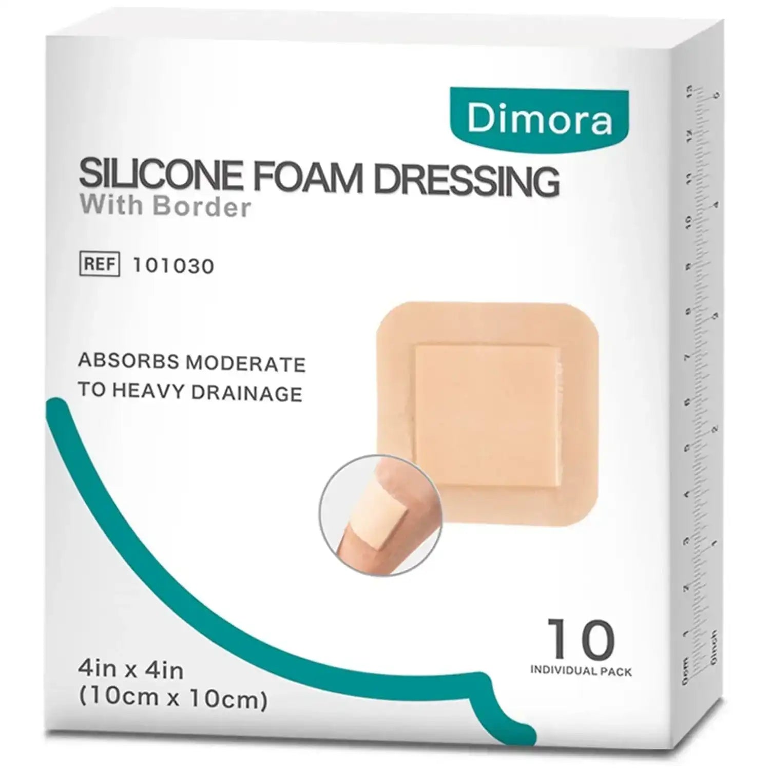 Silicone foam dressing with border, 4x4 inch, box of 10 wound care pads.