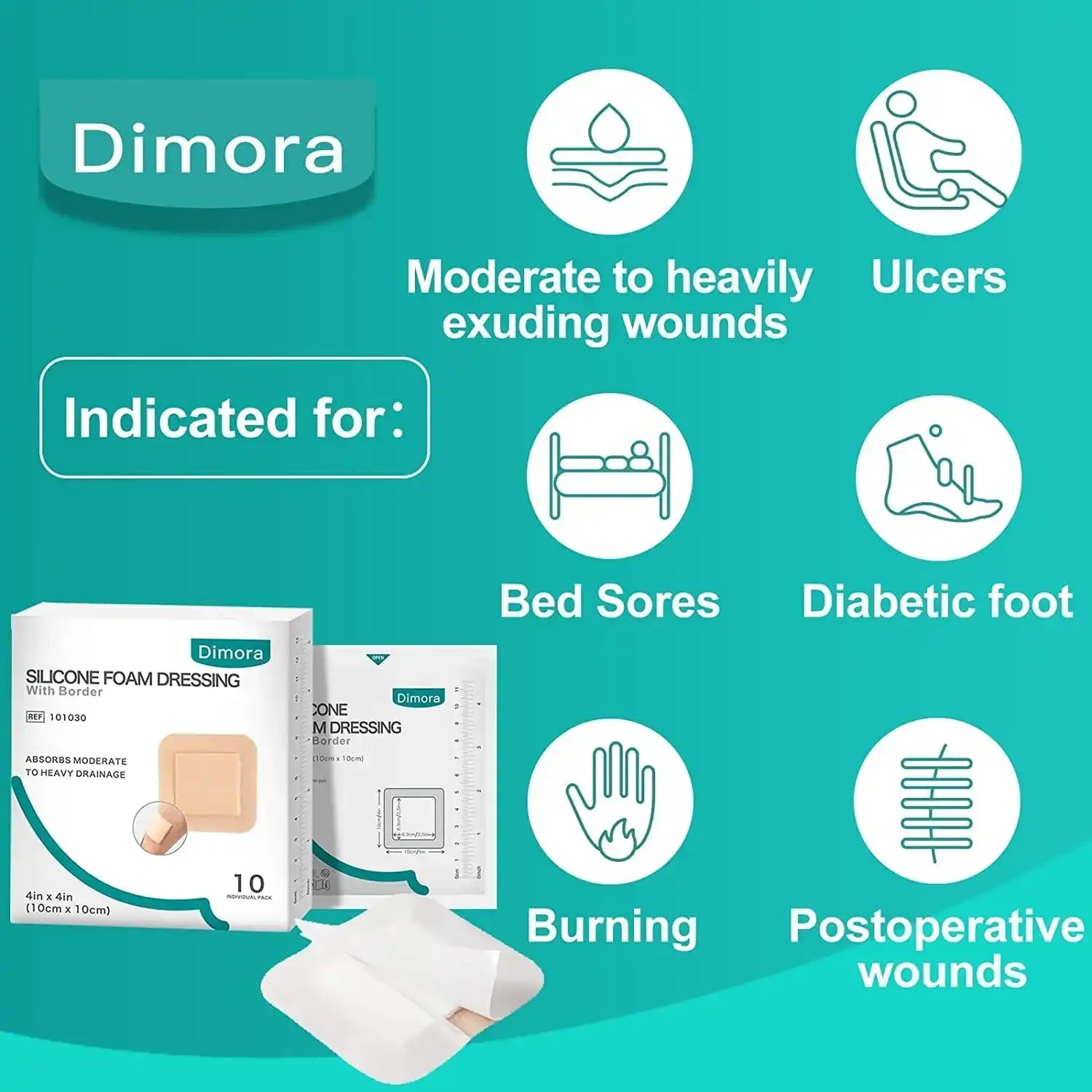 Silicone foam dressing for moderate to heavy drainage, shown with icons for ulcers, bed sores, diabetic foot, burns, and postoperative wounds.