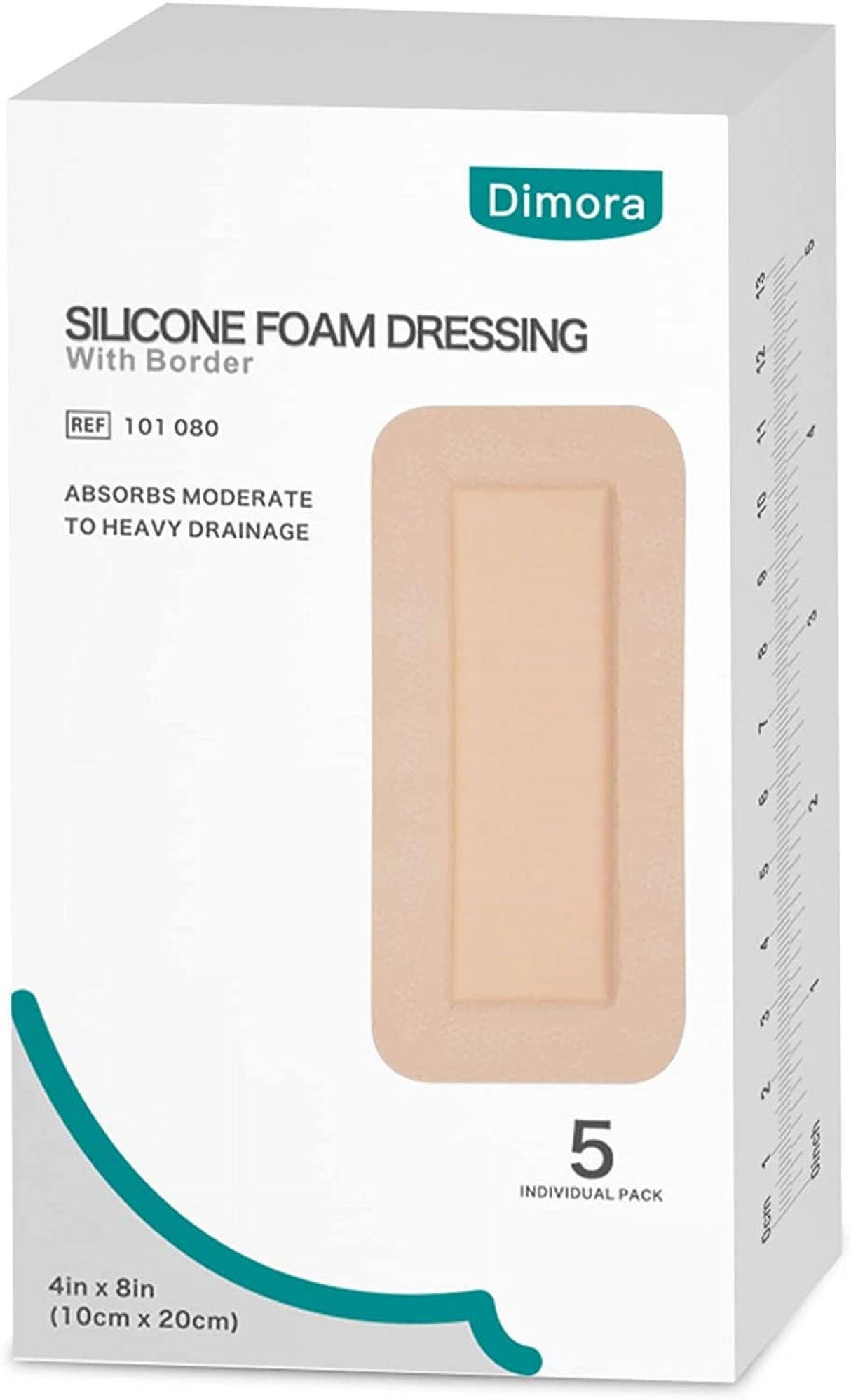 Dimora Silicone Foam Dressing with Border Adhesive 4"x8" Waterproof Wound Dressing Bandage for Wound Care 5 Pack