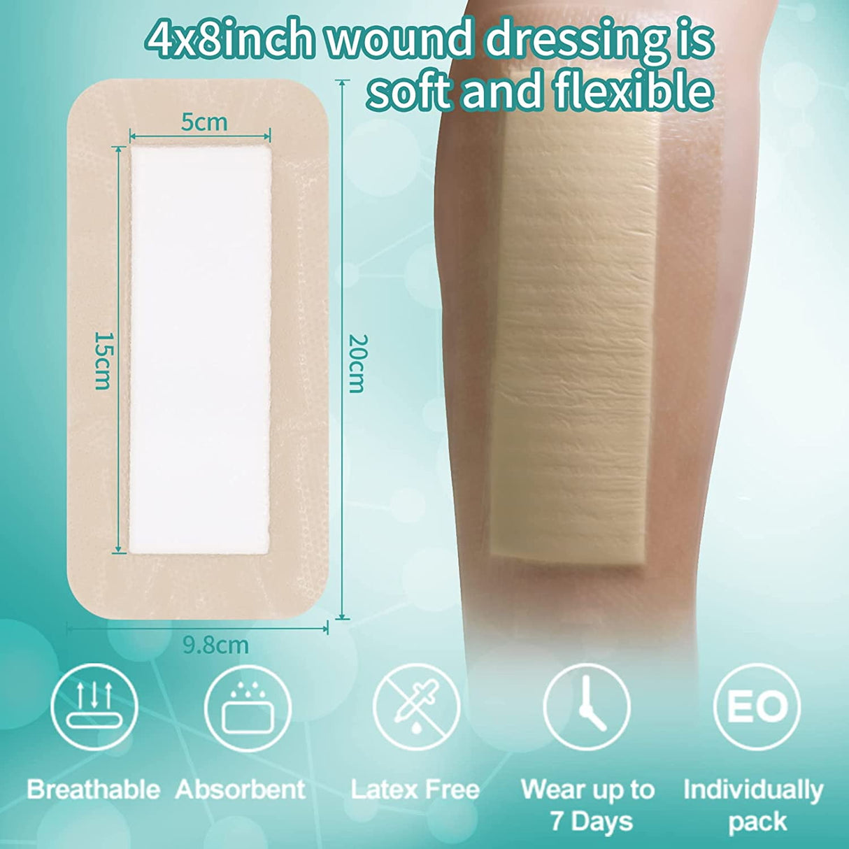 Dimora Silicone Foam Dressing with Border Adhesive 4"x8" Waterproof Wound Dressing Bandage for Wound Care 5 Pack